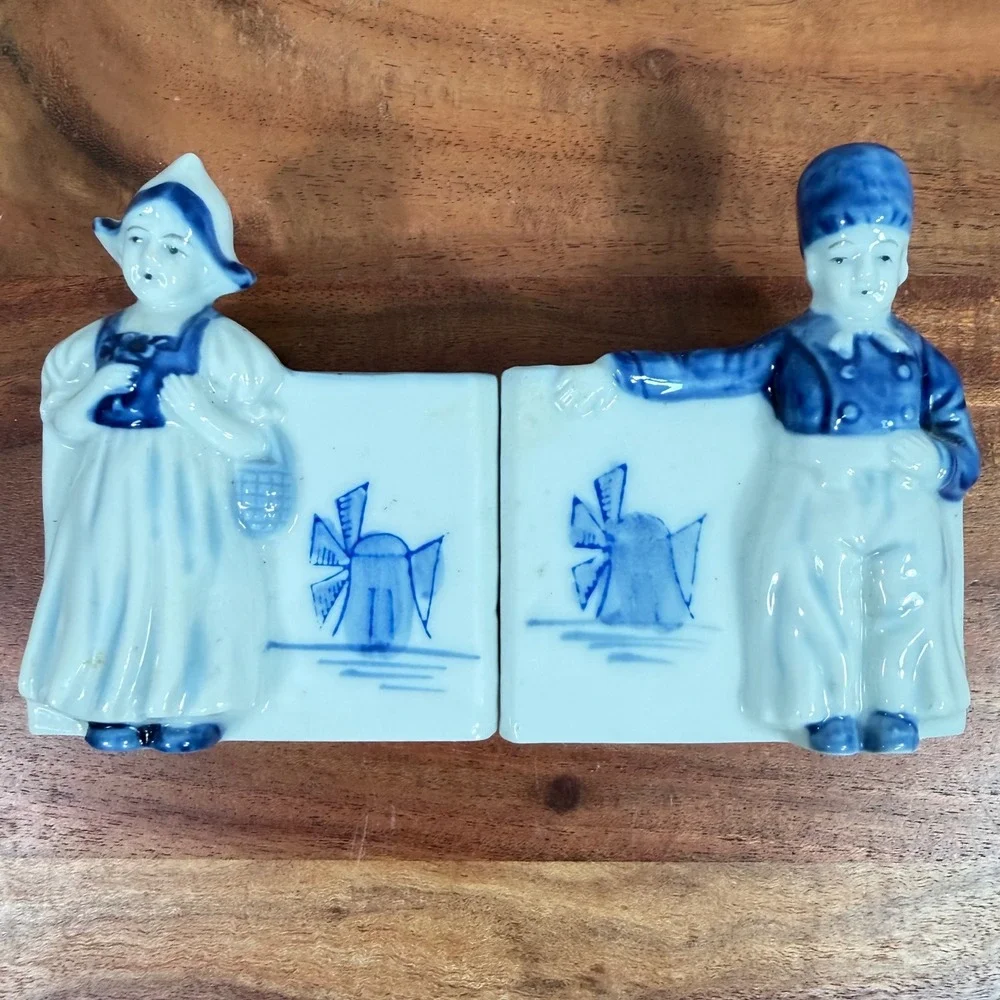 Antique Delft Boy/Girl Figurine Holders/Planters 1920s Blu/Wht Dutch Pair‎ Japan